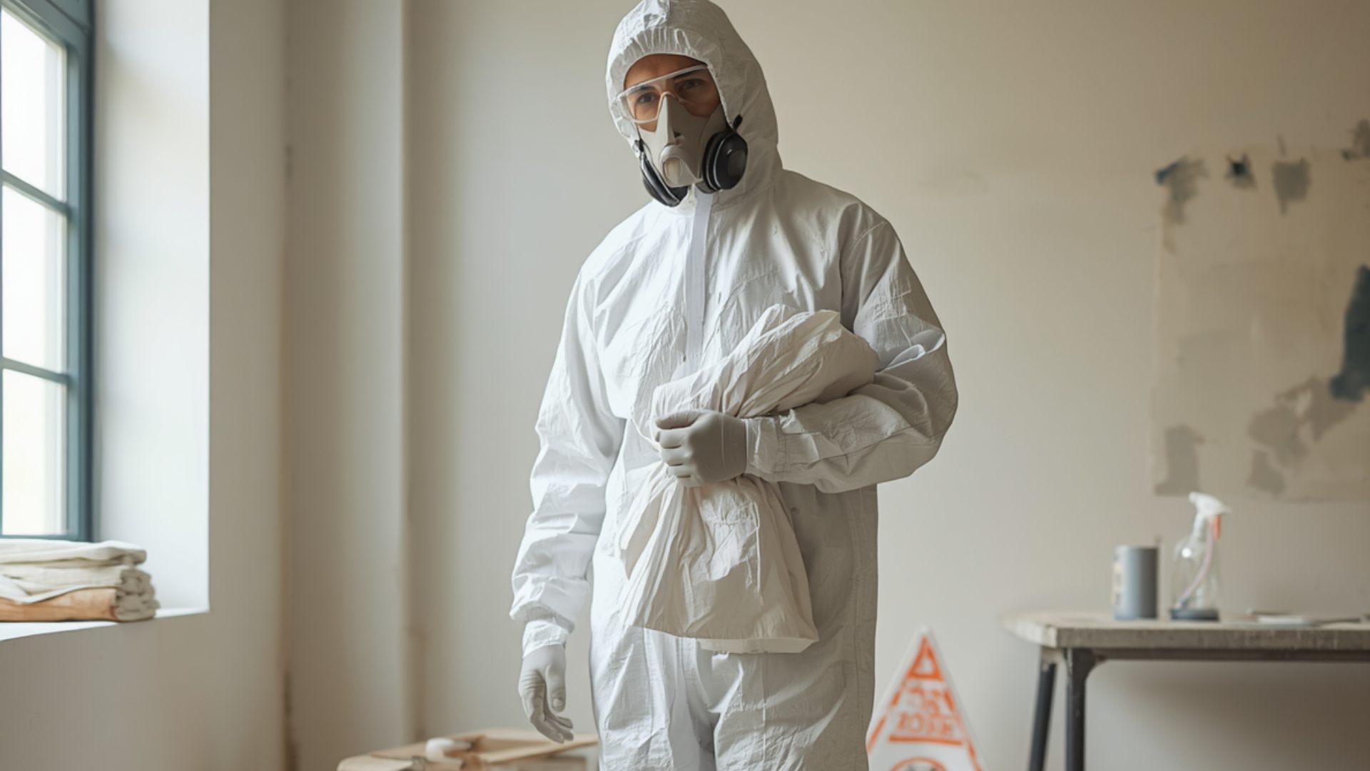 Personne portant une combinaison de protection blanche, un masque respiratoire, des lunettes et des gants sur un chantier de rénovation intérieure