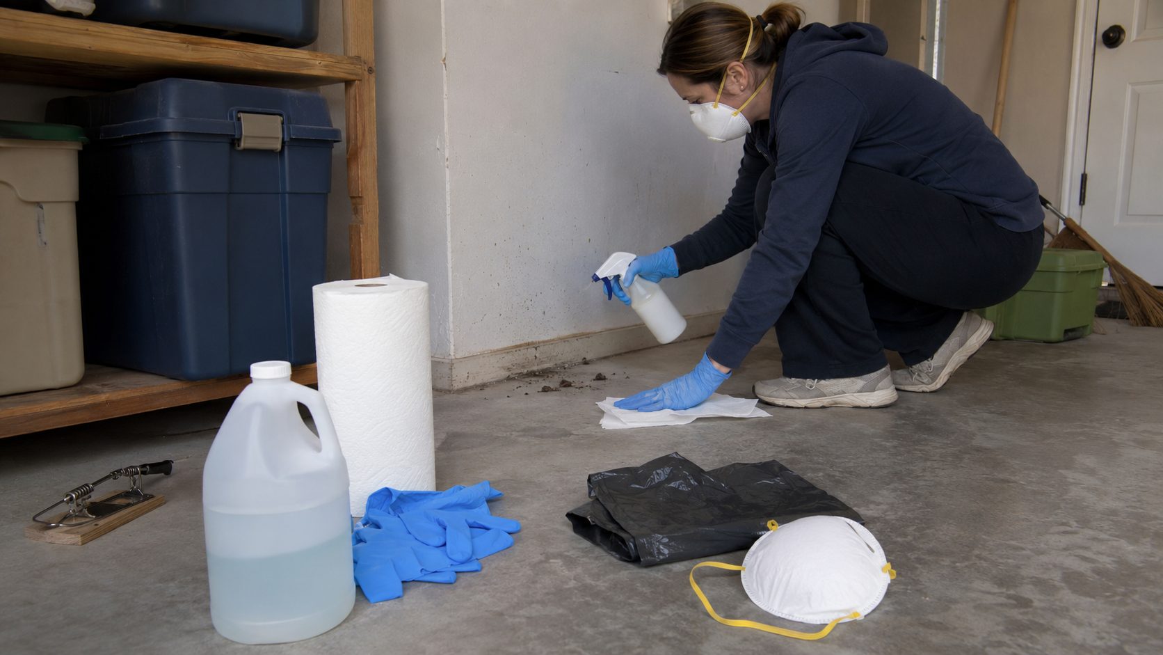 Personne équipée de gants et d’un masque nettoyant une zone contaminée par des rongeurs avec un désinfectant, des essuie-tout et des sacs-poubelle.