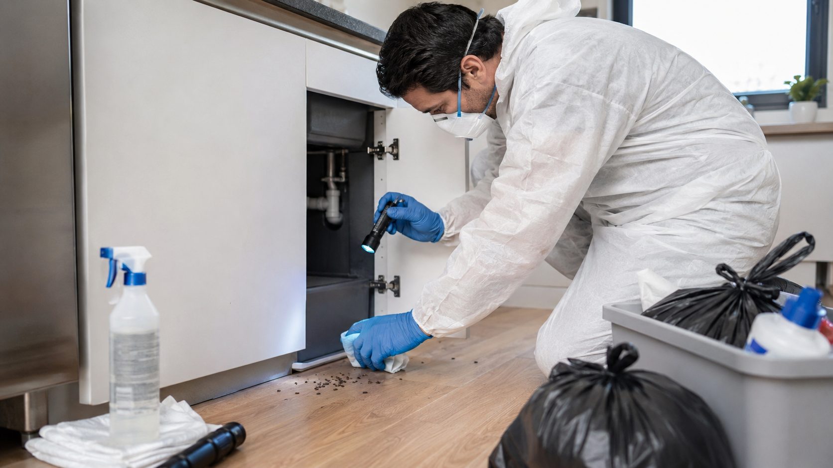 Technicien en combinaison de protection nettoyant une cuisine contaminée par des traces de souris