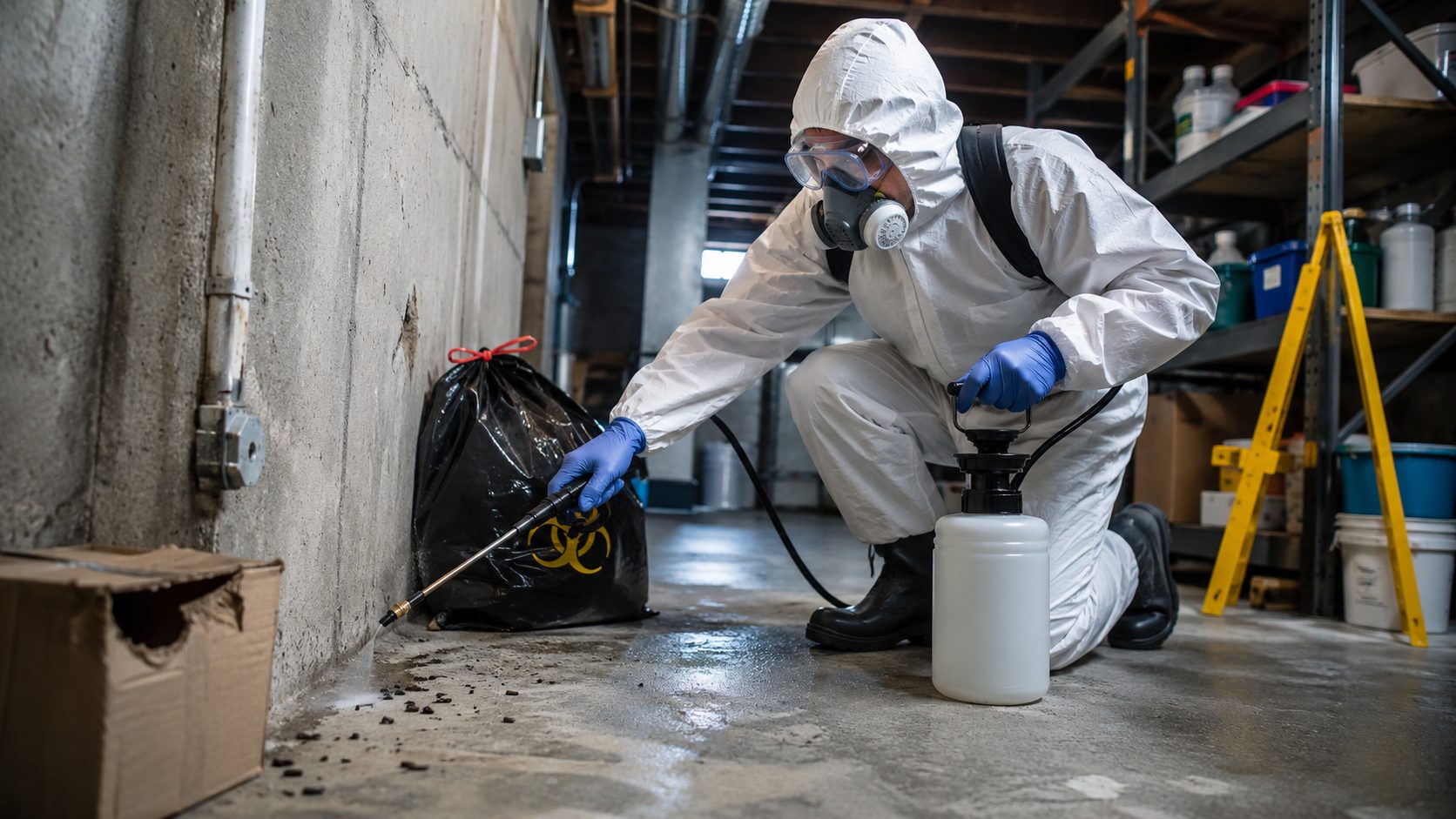 Technicien en combinaison de protection désinfectant une zone contaminée après une infestation de rongeurs
