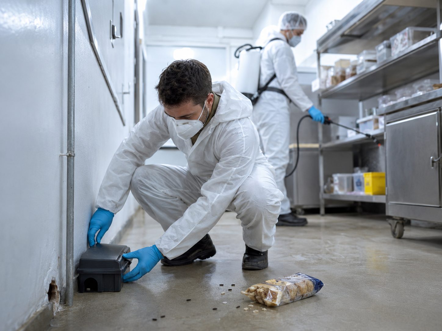 Technicien en désinfection et dératisation installant un dispositif anti-rongeurs dans un local professionnel.