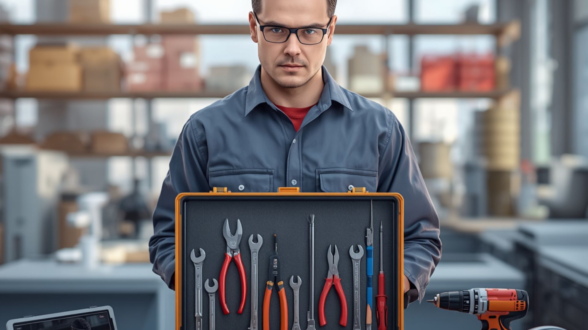 Technicien professionnel tenant une mallette d’outils avec pinces, clés, tournevis et perceuse dans un atelier