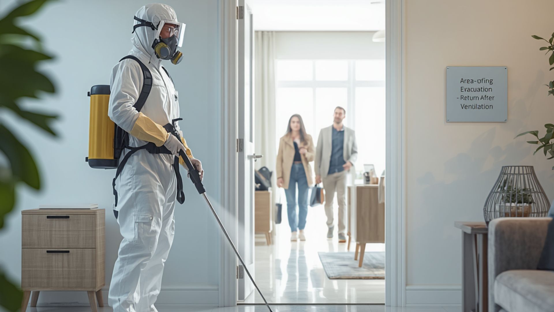 Technicien en combinaison de protection réalisant une désinfection dans un logement pendant que les occupants évacuent temporairement les lieux.