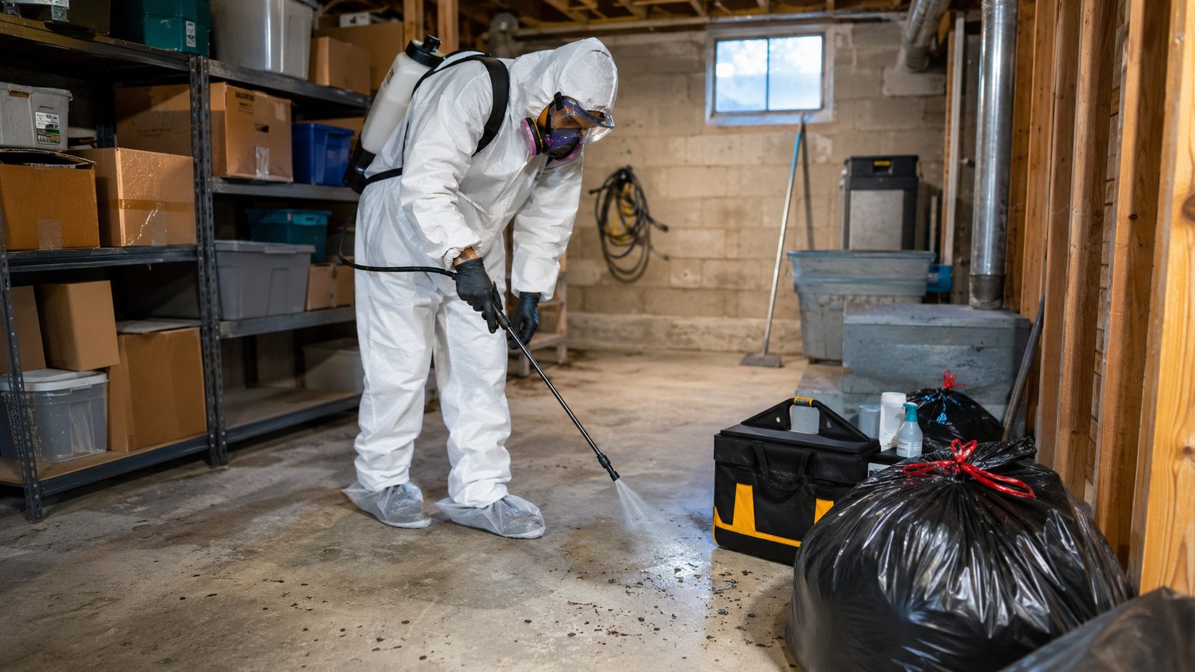 Technicien en combinaison de protection réalisant une désinfection hantavirus dans une cave contaminée par des rongeurs.