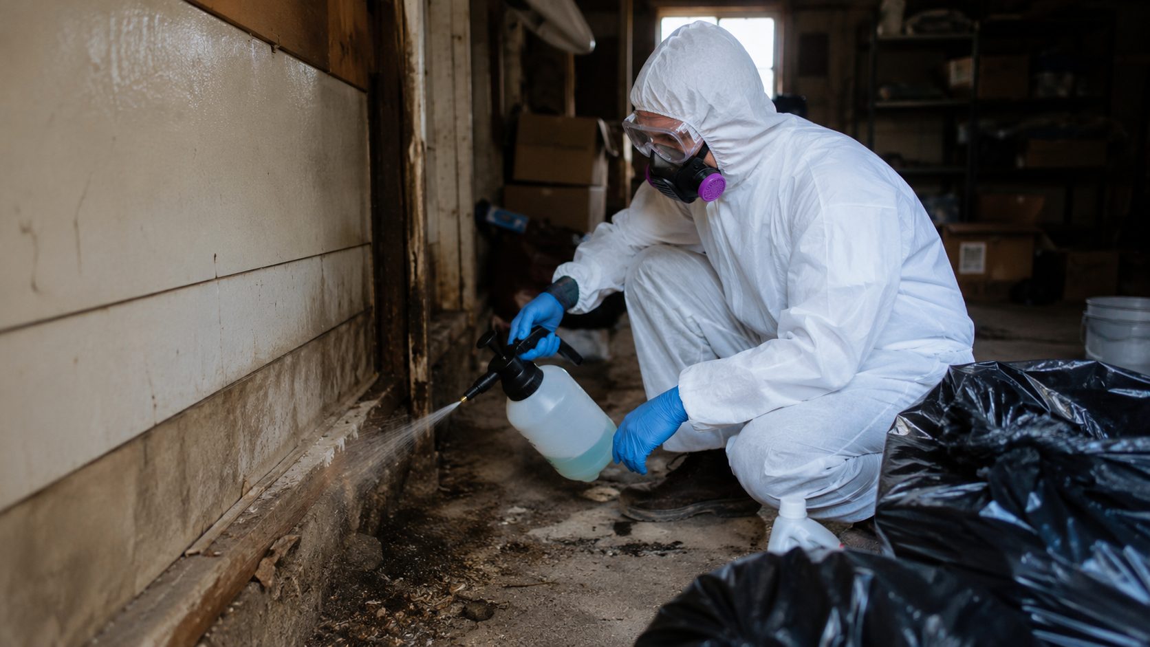 Professionnel en combinaison de protection réalisant une désinfection hantavirus dans un local contaminé par des rongeurs