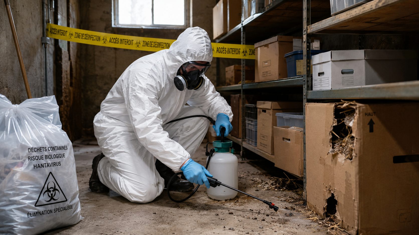 Technicien en combinaison de protection réalisant une désinfection hantavirus dans un local contaminé par des rongeurs