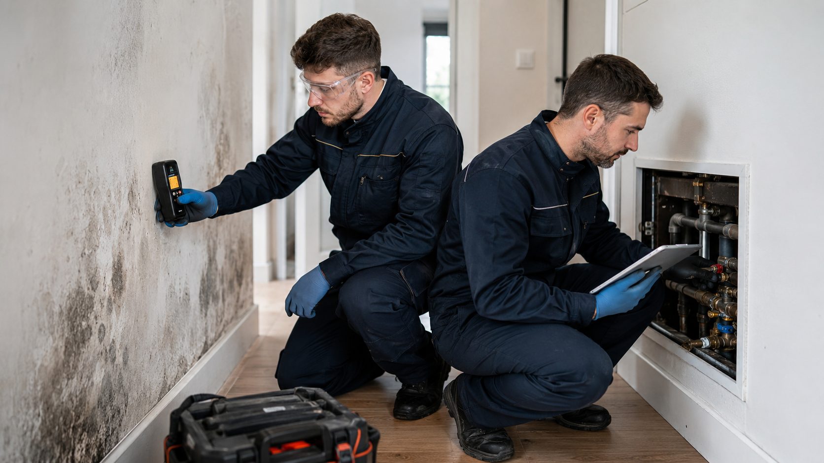 Deux techniciens d’une entreprise spécialisée inspectent un mur humide et un réseau de plomberie dans un logement