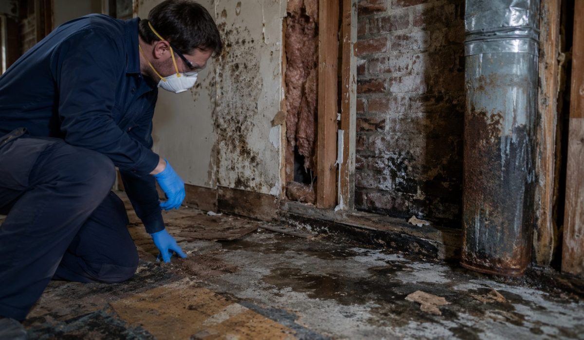 Technicien inspectant des matériaux contaminés dans un bâtiment avec moisissures, isolation exposée, mur humide, béton taché et conduit métallique corrodé.