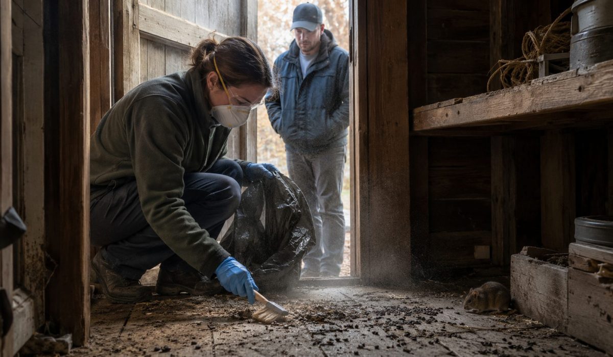 Personne protégée par un masque et des gants nettoyant un abri poussiéreux avec présence de rongeur, illustrant le risque de transmission de l’hantavirus par un environnement contaminé.