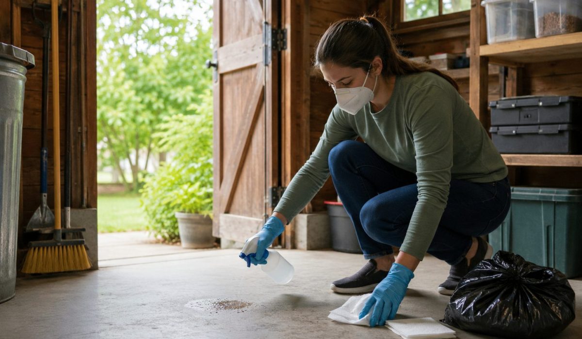 Personne portant des gants et un masque désinfectant une zone contaminée par des traces de rongeurs pour éviter une contamination à l’hantavirus