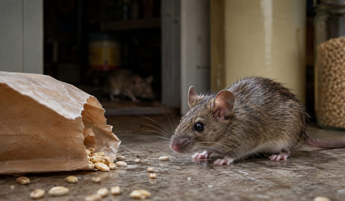 Souris dans une cuisine près d’un paquet de grains rongé, illustrant les risques de contamination alimentaire et d’infestation dans la maison.