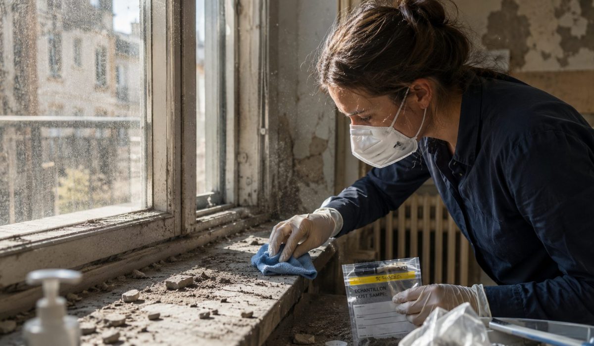 Personne portant un masque et des gants nettoyant des poussières contaminées sur un rebord de fenêtre dans un logement ancien.