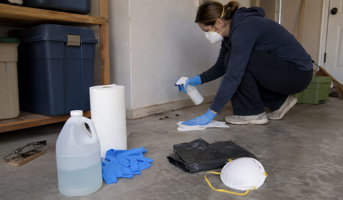 Personne équipée de gants et d’un masque nettoyant une zone contaminée par des rongeurs avec un désinfectant, des essuie-tout et des sacs-poubelle.