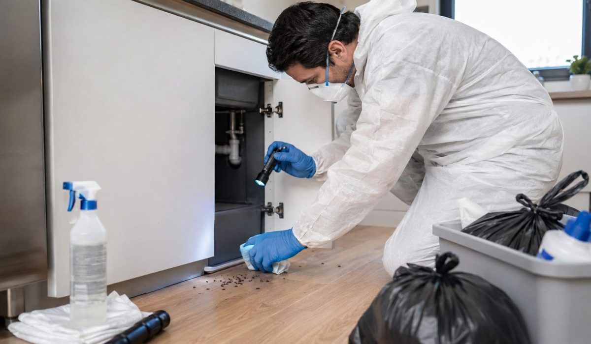 Technicien en combinaison de protection nettoyant une cuisine contaminée par des traces de souris