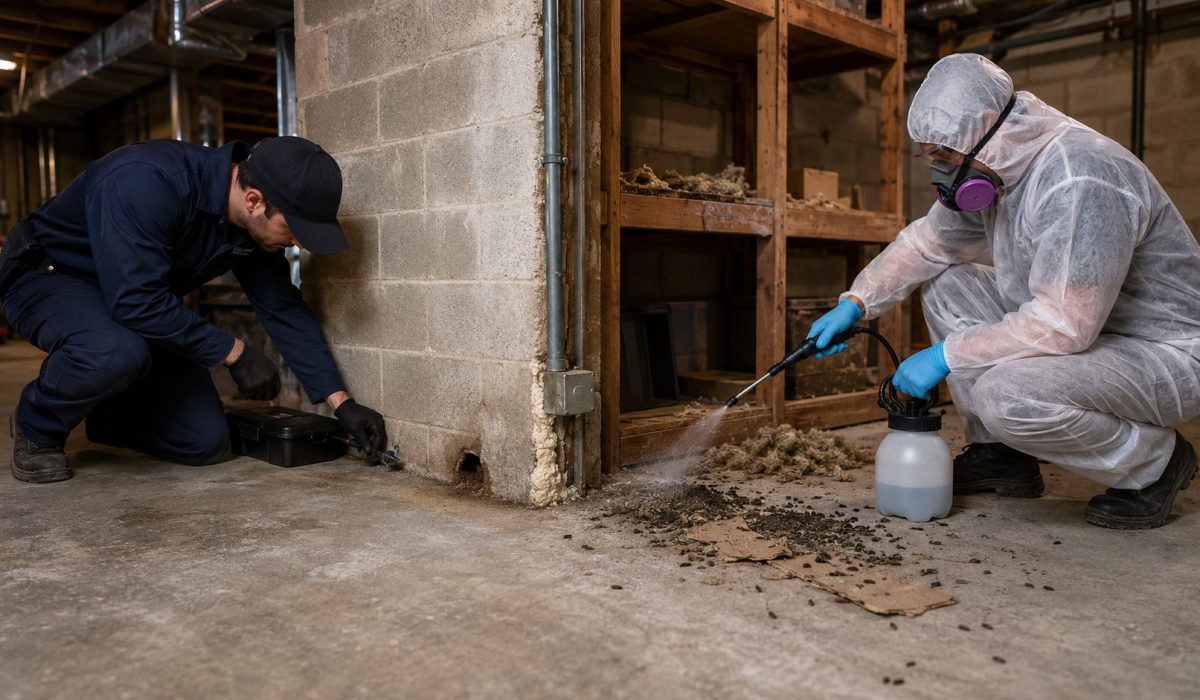 Techniciens spécialisés réalisant une dératisation et une désinfection hantavirus dans une cave contaminée par des rongeurs