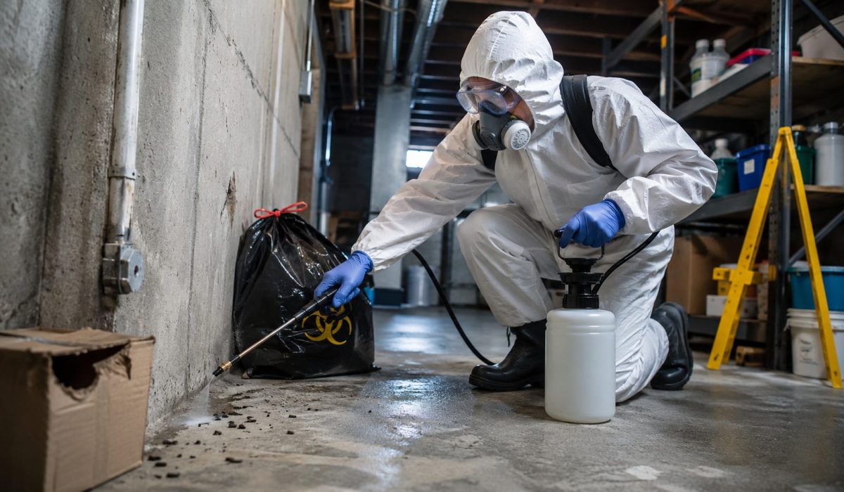 Technicien en combinaison de protection désinfectant une zone contaminée après une infestation de rongeurs