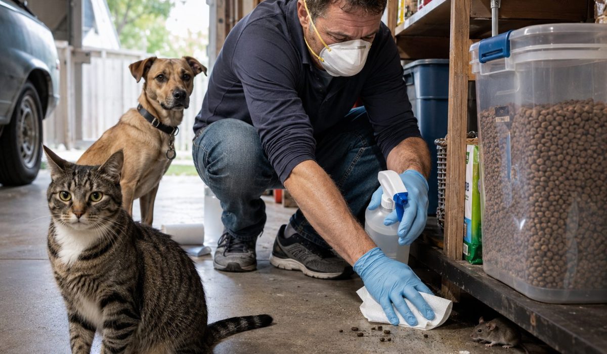 Chien et chat dans un garage pendant qu’un homme nettoie des traces de rongeurs avec des gants pour prévenir le risque d’hantavirus