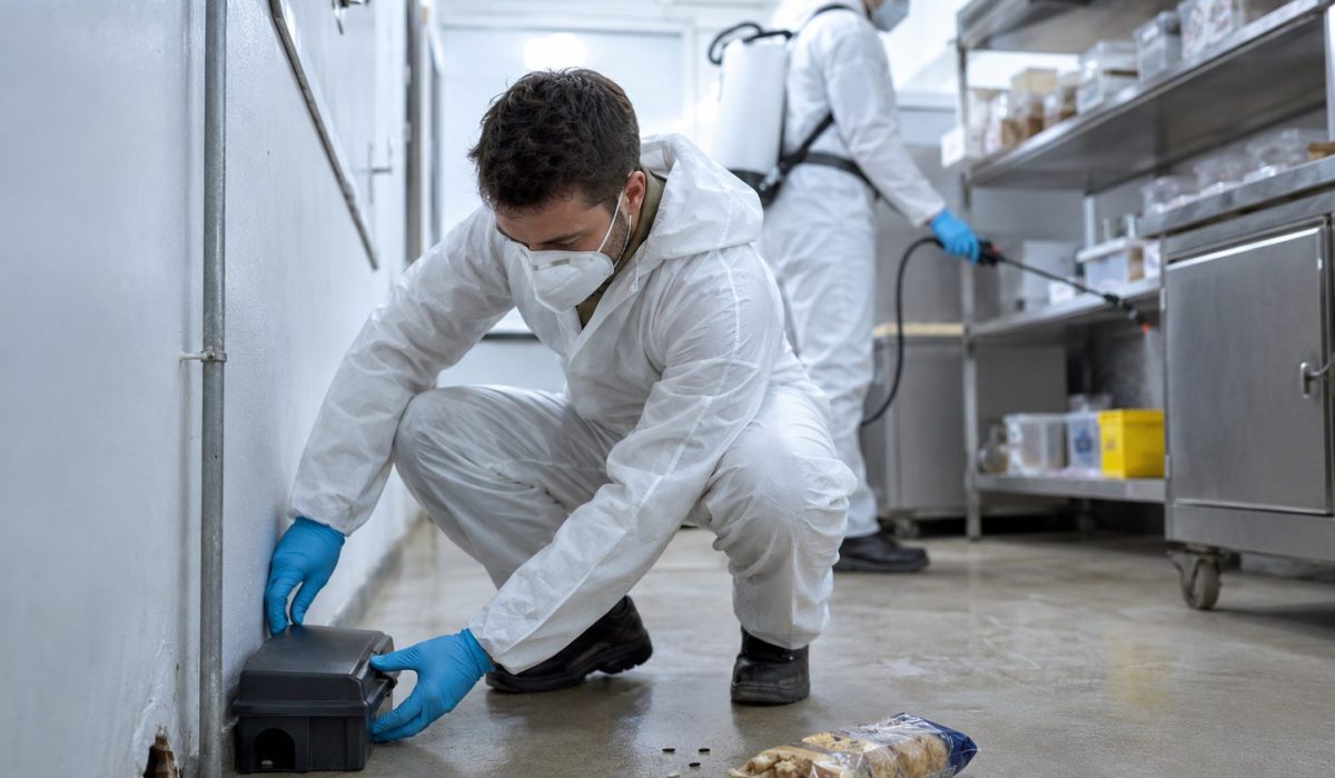 Technicien en désinfection et dératisation installant un dispositif anti-rongeurs dans un local professionnel.