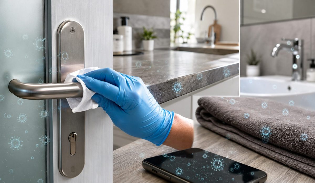 Main gantée nettoyant une poignée de porte avec des particules virales visibles sur les surfaces du quotidien