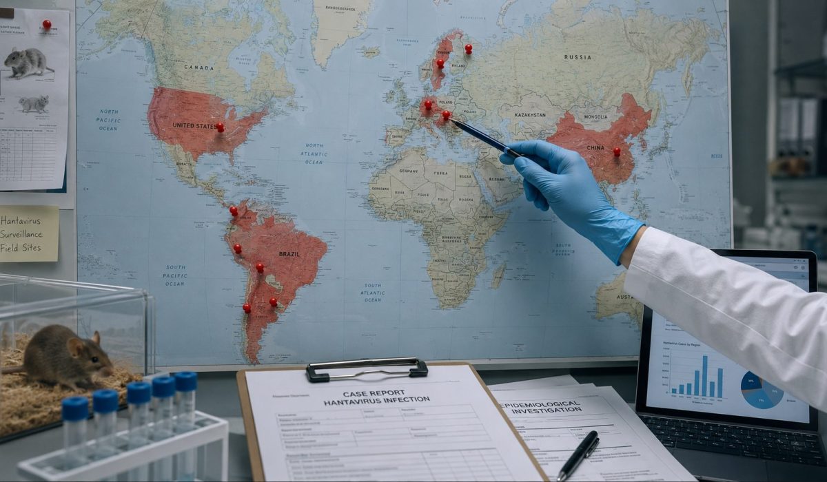 Carte mondiale des pays les plus touchés par l’hantavirus avec zones à risque, laboratoire d’épidémiologie, rongeur et données de surveillance sanitaire.
