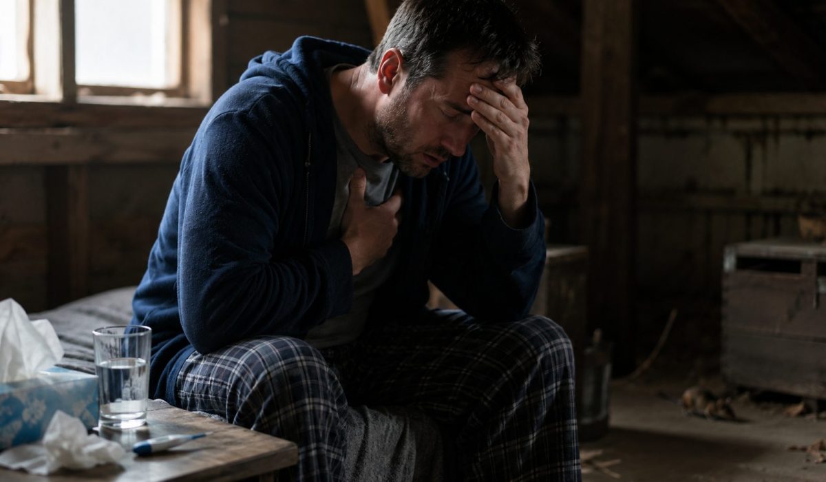 Homme malade présentant des symptômes possibles de l’hantavirus, comme la fièvre, la fatigue, les douleurs et l’essoufflement, dans un lieu exposé aux rongeurs.