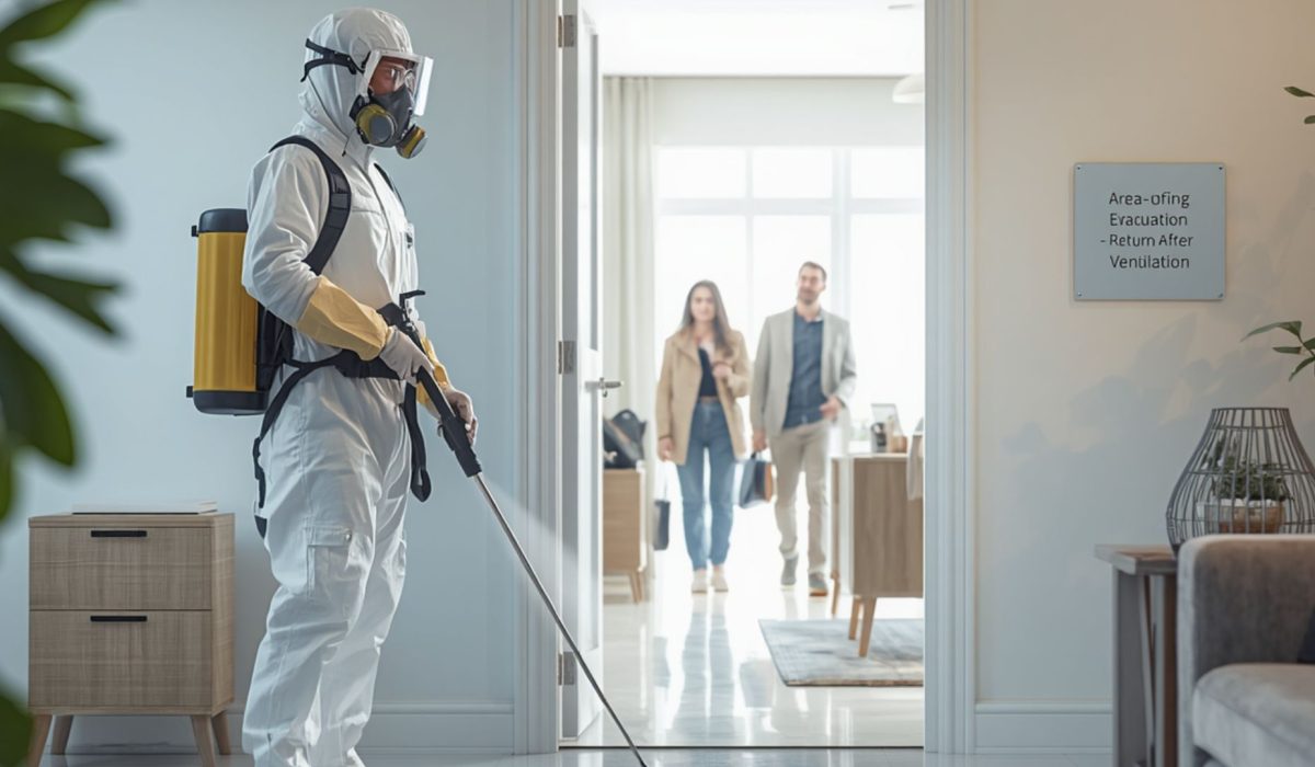Technicien en combinaison de protection réalisant une désinfection dans un logement pendant que les occupants évacuent temporairement les lieux.