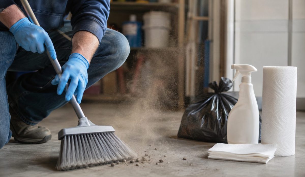 Personne gantée utilisant un balai près d’excréments secs avec des particules contaminées dispersées dans l’air
