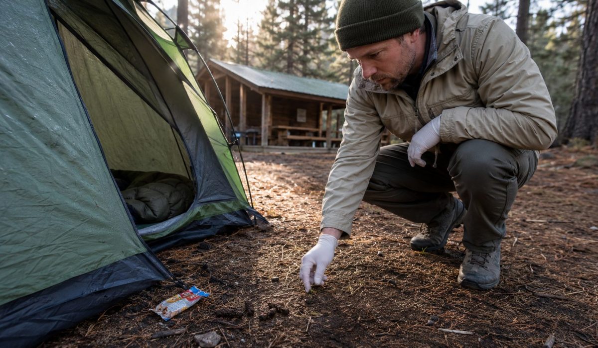 Campeur inspectant des traces de rongeurs près d’une tente en forêt pour prévenir le risque d’hantavirus en camping