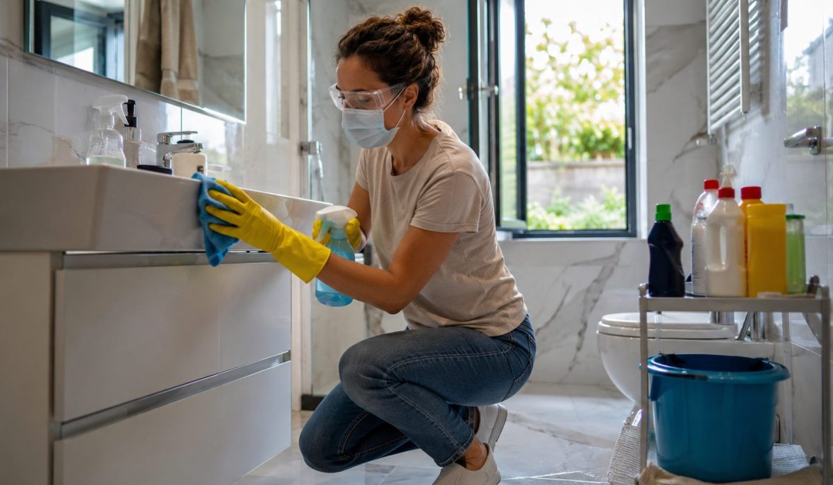 Personne nettoyant une salle de bain avec des gants, un masque et des lunettes de protection