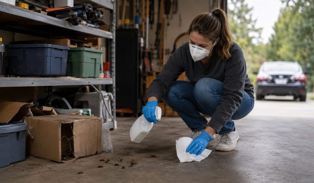 Personne nettoyant un garage avec des gants et un masque pour éviter les risques liés à l’hantavirus et aux déjections de rongeurs