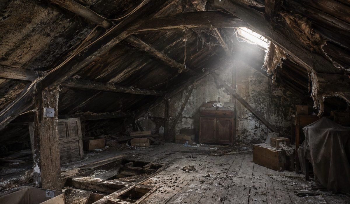 Grenier abandonné dangereux avec plancher abîmé, moisissures, câbles apparents et objets poussiéreux