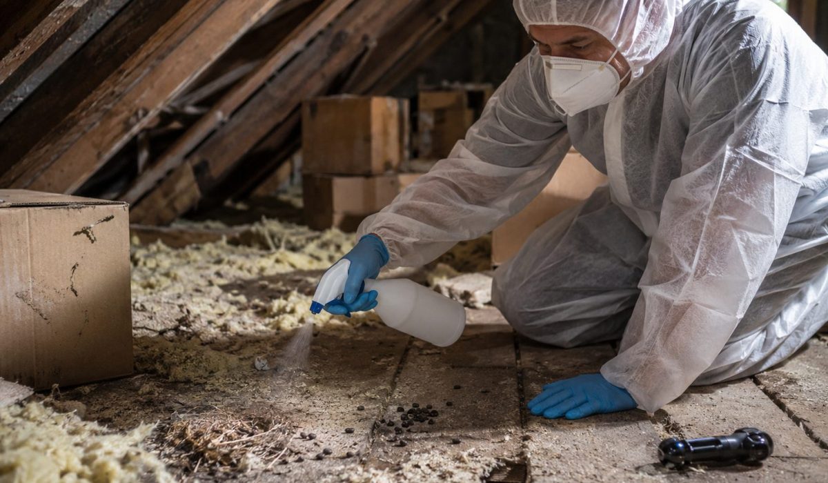 Personne équipée d’un masque FFP2 et de gants désinfectant des crottes de rongeurs dans un grenier pour limiter le risque d’hantavirus