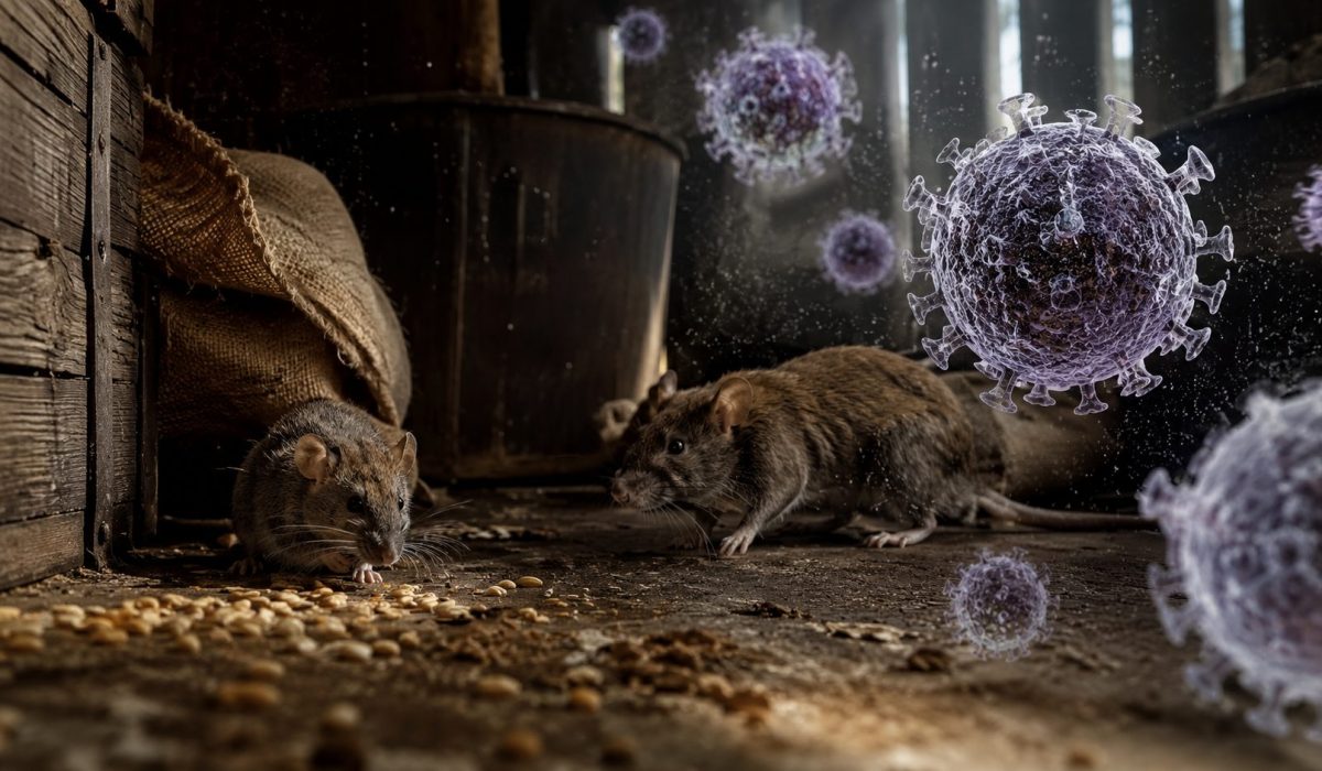Rongeurs dans un abri avec visualisation réaliste de particules de hantavirus en suspension