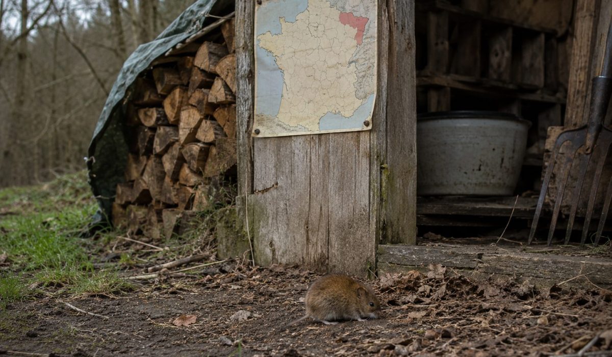 Campagnol roussâtre près d’un abri rural en lisière de forêt, avec une carte de France indiquant les zones où l’hantavirus est présent.