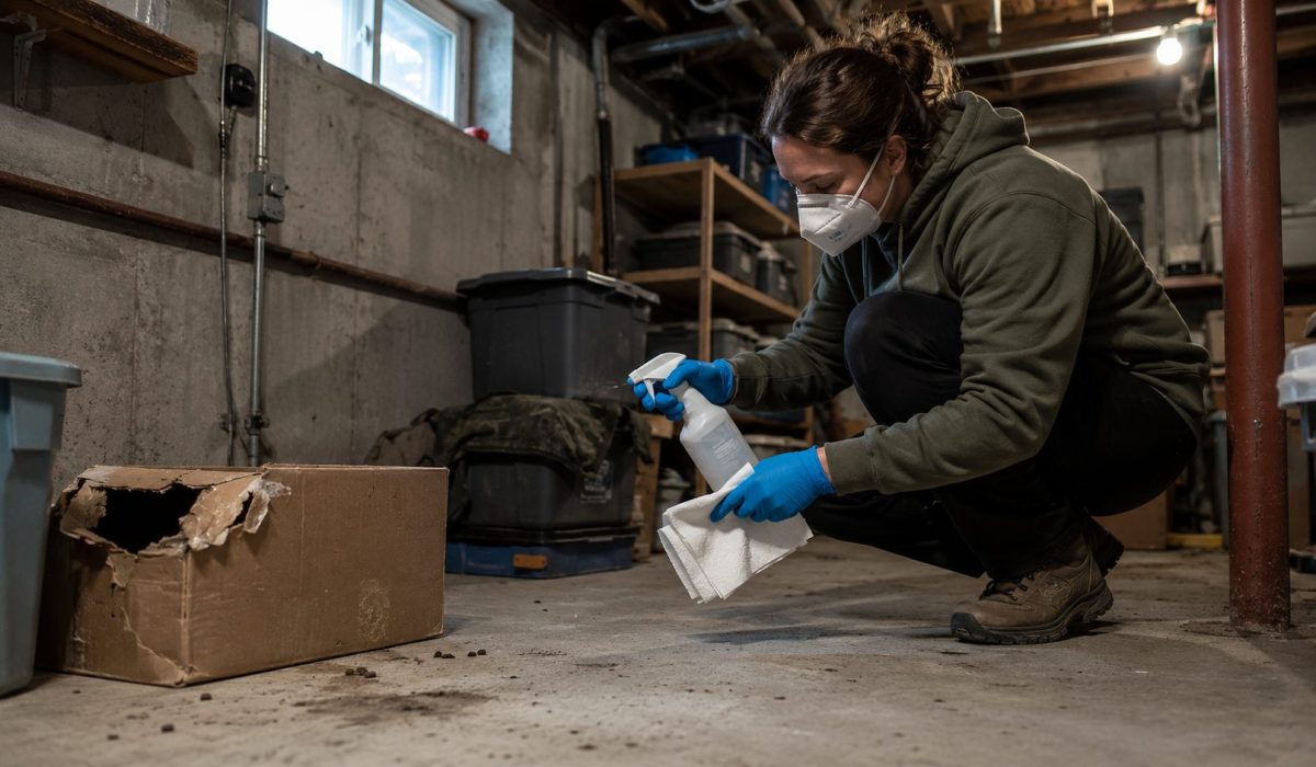 Personne portant un masque et des gants nettoyant une cave avec des traces de rongeurs pour limiter le risque d’hantavirus
