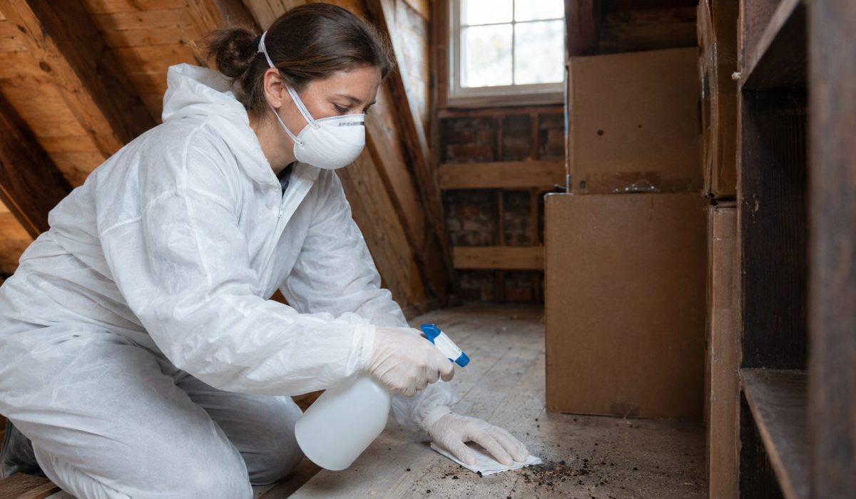 Personne portant un masque de protection respiratoire et une combinaison lors du nettoyage de traces de rongeurs dans des combles pour limiter le risque d’exposition à l’hantavirus