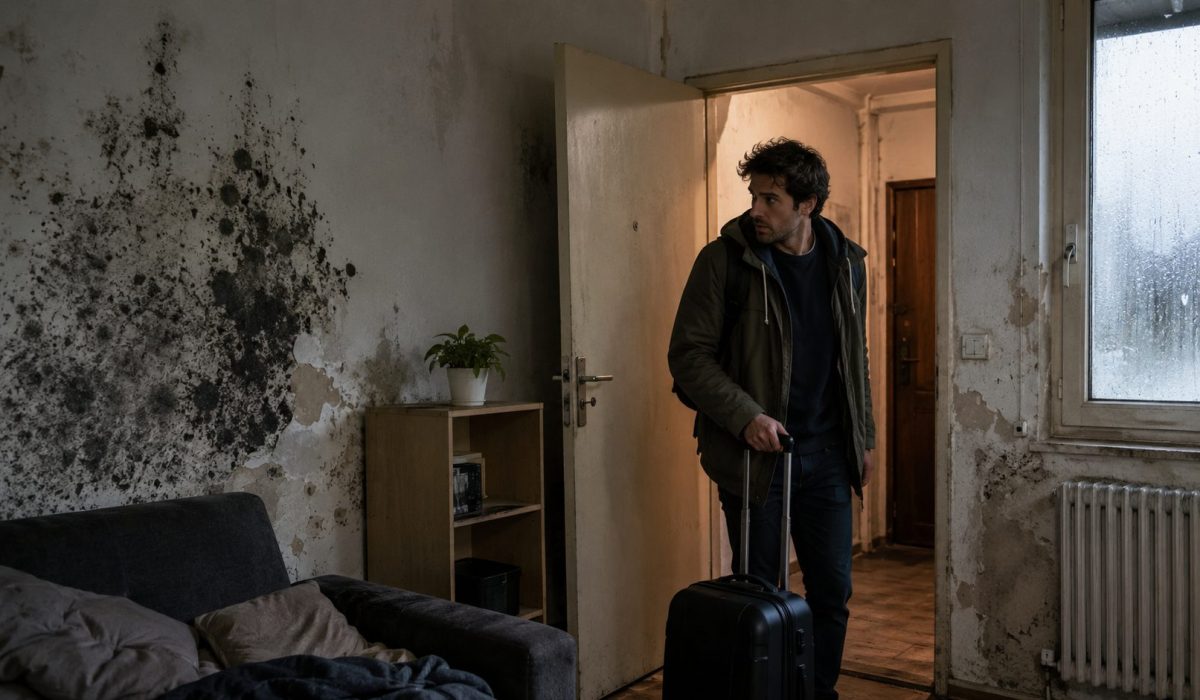Homme avec une valise quittant un logement humide contaminé par des moisissures sur les murs.