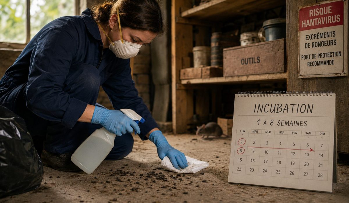 Personne portant un masque et des gants nettoyant des traces de rongeurs dans un garage, avec un calendrier indiquant la durée d’incubation de l’hantavirus de 1 à 8 semaines.