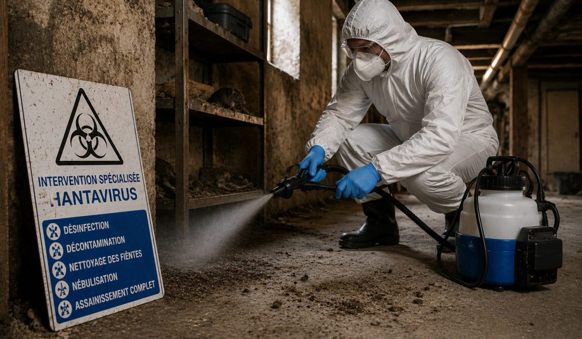 Technicien en combinaison de protection réalisant une désinfection hantavirus avec nébuliseur dans une zone contaminée par des rongeurs