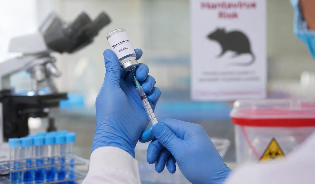 Professionnel de santé préparant une seringue avec un flacon de vaccin contre l’hantavirus dans un laboratoire médical