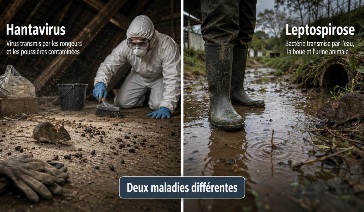Illustration comparative entre hantavirus et leptospirose montrant la transmission par les rongeurs, les poussières contaminées, l’eau, la boue et l’urine animale