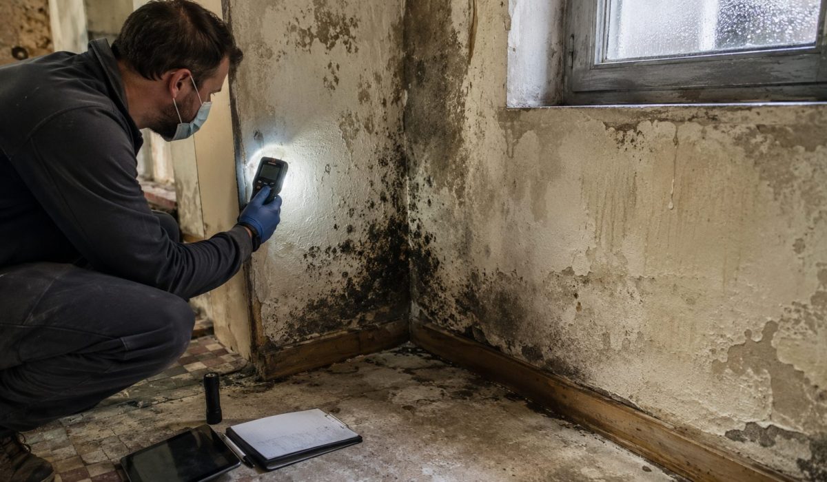 Inspecteur vérifiant un mur humide avec des moisissures dans une maison potentiellement contaminée