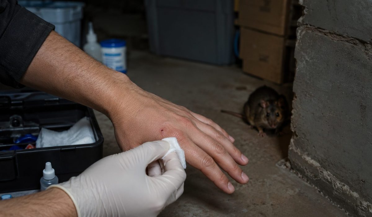 Main mordue par un rongeur nettoyée avec une compresse, avec un rat en arrière-plan dans une cave