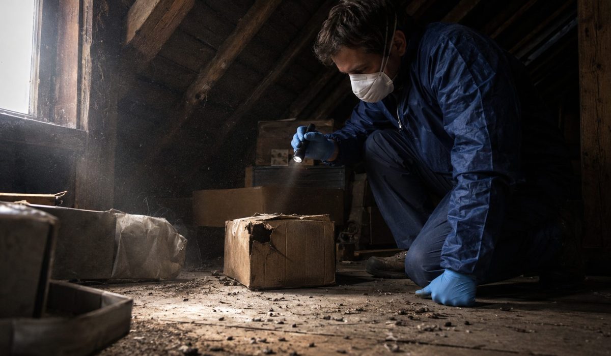 Personne portant un masque et des gants inspectant un grenier poussiéreux potentiellement contaminé par des rongeurs porteurs de l’hantavirus