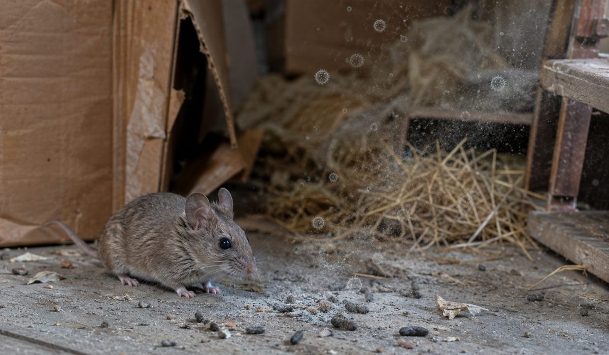 Souris dans un grenier poussiéreux avec des déjections de rongeurs illustrant le risque de transmission du hantavirus