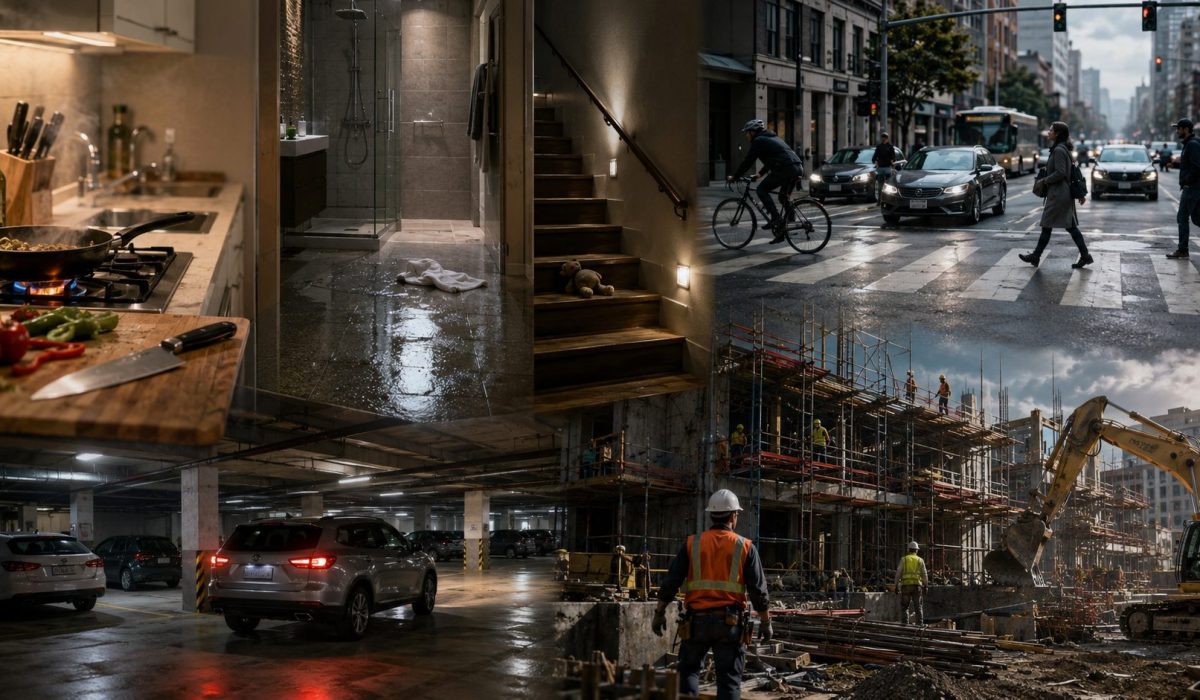 Montage ultra réaliste montrant plusieurs lieux à risque du quotidien comme une cuisine, une salle de bain, un escalier, une route, un parking et un chantier.