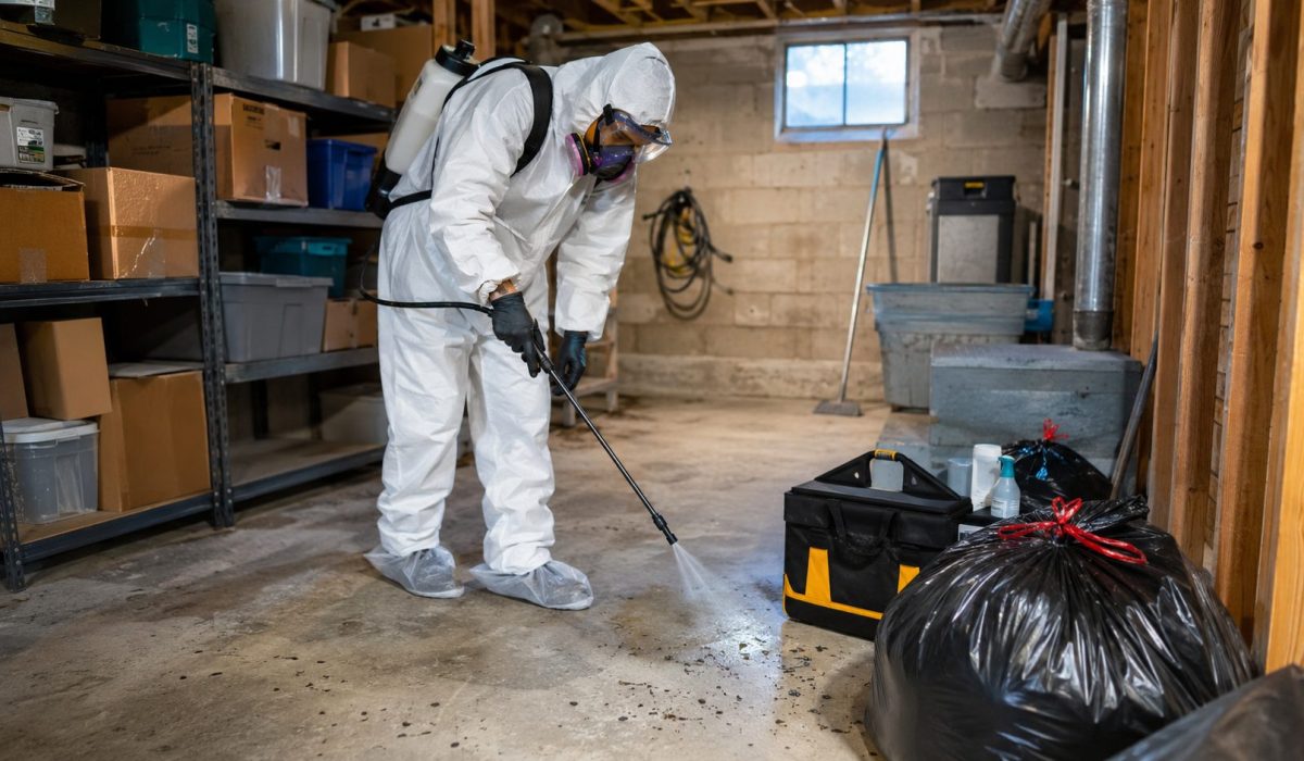 Technicien en combinaison de protection réalisant une désinfection hantavirus dans une cave contaminée par des rongeurs.