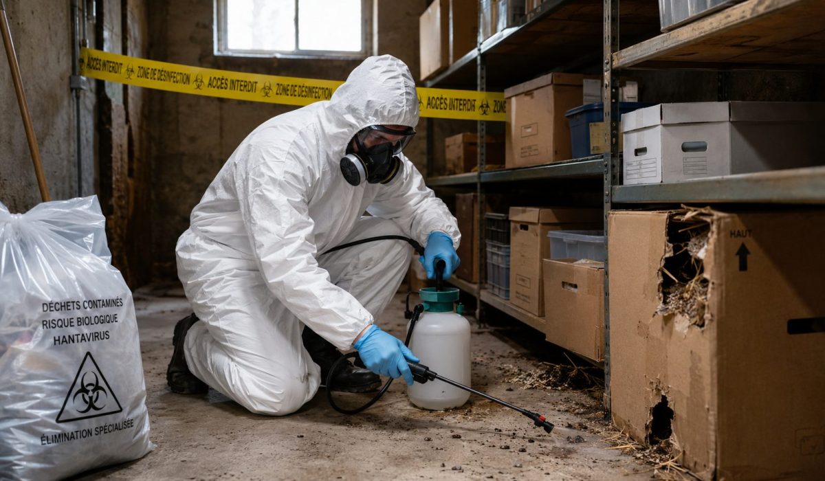 Technicien en combinaison de protection réalisant une désinfection hantavirus dans un local contaminé par des rongeurs