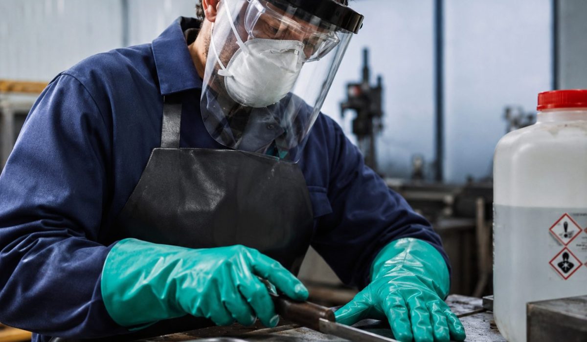 Travailleur portant des gants de protection, un masque, des lunettes et une visière pour manipuler des matériaux en sécurité