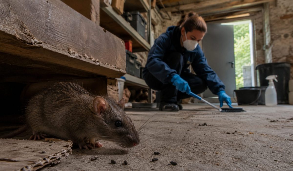 Rat dans une cave poussiéreuse avec présence de déjections pendant un nettoyage sécurisé contre le risque d’hantavirus